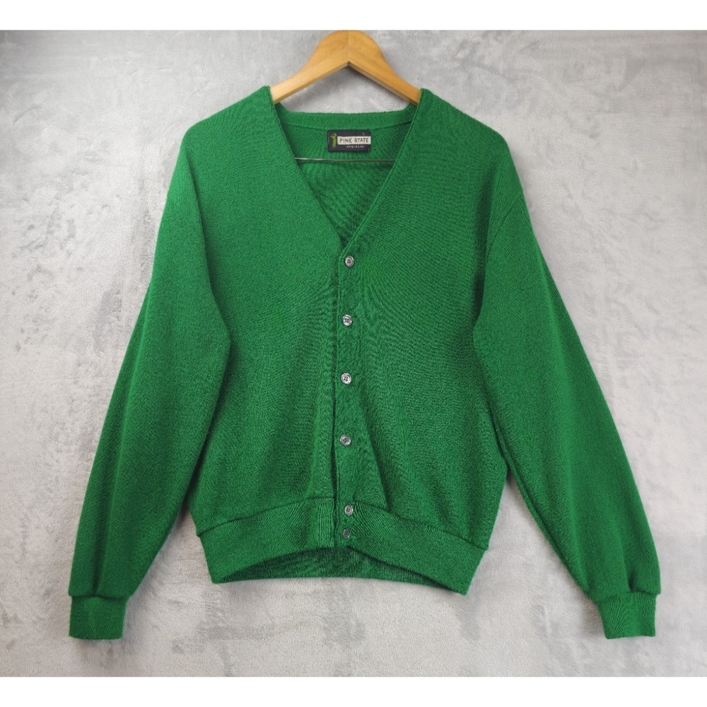 Vintage Pine State Sweater Mens Large Green Button Up Cardigan Knit Made USA 90s